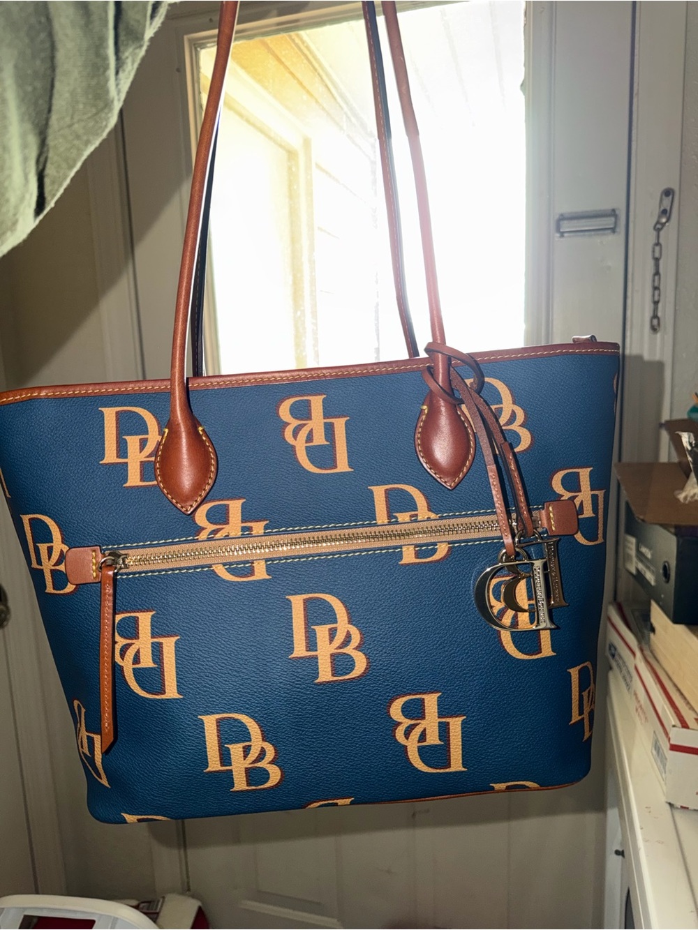 Dooney & Bourke Navy & Tan DB Logo Tote with Front Zip Pocket